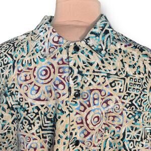 Vintage 90s Abstract Art Tribal Print Tan  Short Sleeve Button Front Shirt XL